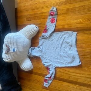 Aqua Gray Hoodie with Red Floral Accents